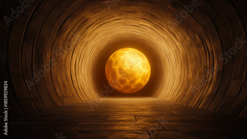 Glowing cosmic sphere floats in tunnel, mysterious warm light, surreal atmosphere, fantasy scene
