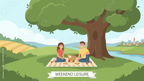 Two People Having a Picnic Under a Tree Outdoors.