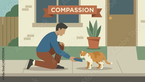 Man And Dog Share Compassion In Street Scene.