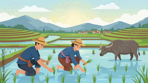 Farmers Working in Rice Field with Water Buffalo.