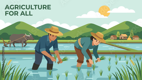 Two Agricultural Workers Tending Rice Field.