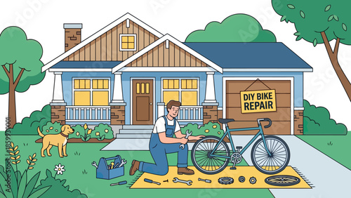 Man repairing bicycle in front of house outdoor repair scene.