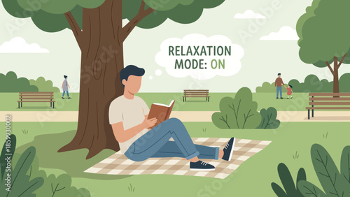 Relaxing person sitting in park reading book.