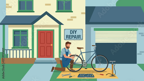 Person Repairing Bicycle Outdoors In Front Yard.