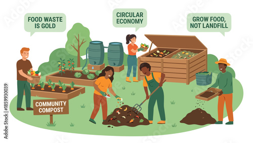 Group of people composting waste and learning recycling practices.