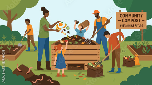 Community Volunteers Working Together on Composting in Public Garden.