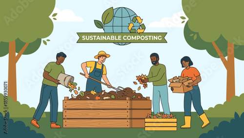 People working together to create compost in a community garden.