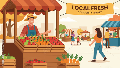 Market Vendor At Busy Fruit Stand In Local Market.