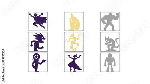 Collection of nine cartoon character icons in a grid format.