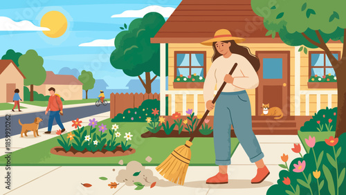 Gardener Sweeping Leaves in a Suburban Yard.