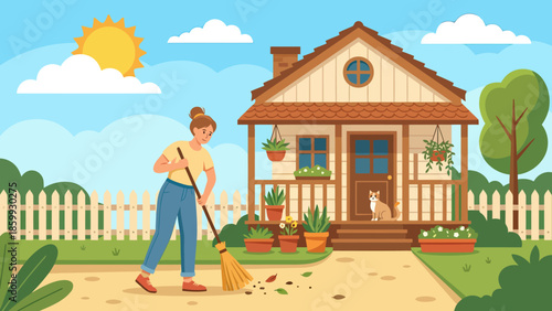 Man Gardening in Front Yard by House.