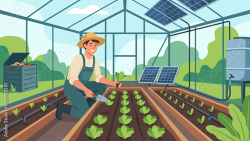 Farmer in greenhouse tending lettuce plants.