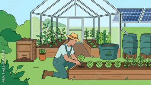 Gardener tending seedlings in a greenhouse.