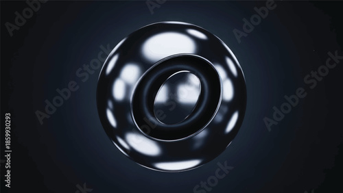 Abstract metallic torus ring with reflective surfaces in dark background and smooth circular geometry.