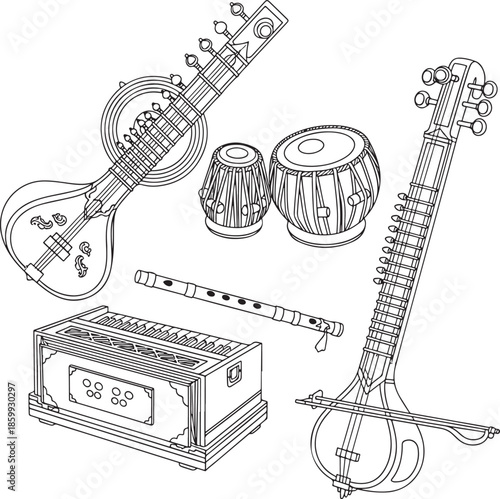 A collection of traditional indian musical instruments including sitar tabla harmonium and flute