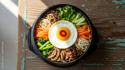 Authentic Korean Bibimbap A hearty and healthy bowl featuring a perfectly fried egg, savory meat, and a vibrant medley of fresh, colorful vegetables