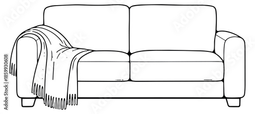 Hand drawn line art illustration of a two seater sofa depicting a throw blanket draped over its arm for home interior design