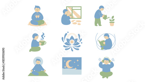 Collection of nine illustrations depicting mindfulness and self-care activities.