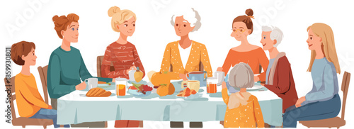 Ilustración de mujeres y niña disfrutando juntas de un desayuno familiar con comida sobre la mesa.