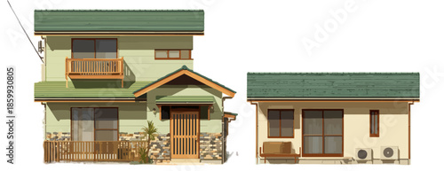 Ilustración vectorial de fachada de casa residencial japonesa de dos pisos con anexo y fondo transparente.