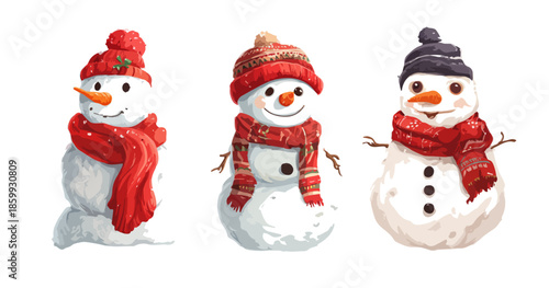 Conjunto de tres alegres muñecos de nieve con bufandas y gorros rojos sobre fondo blanco.