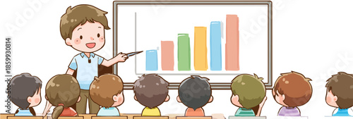 Maestro explica gráfico de barras ascendente a grupo de estudiantes con fondo transparente.