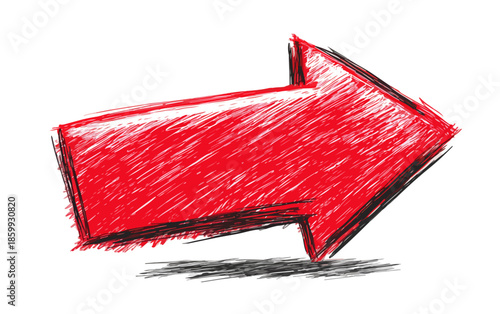 Flecha roja dibujada a mano apuntando a la derecha con efecto de sombreado y fondo transparente.