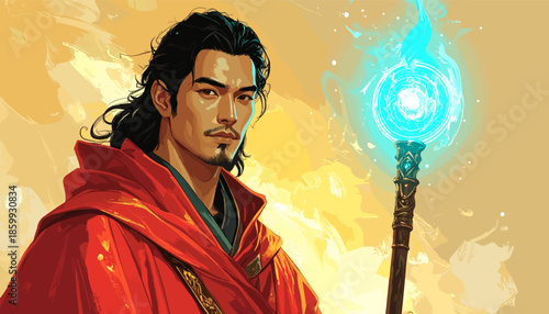 Asian Sorcerer with Glowing Staff in Fantasy Art Style.