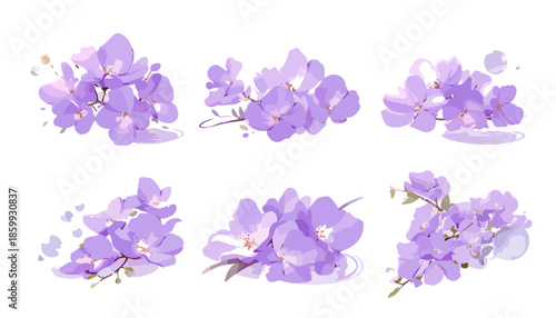 Conjunto de delicados arreglos florales acuarela en tonos lila y morado claro sobre fondo blanco.