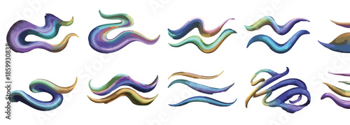 Conjunto de pinceladas fluidas y onduladas con efecto metálico iridiscente sobre fondo blanco.