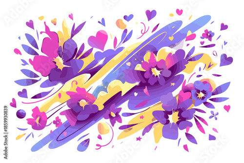 Ramo floral abstracto con corazones y trazos dinámicos en tonos vibrantes de morado y amarillo.