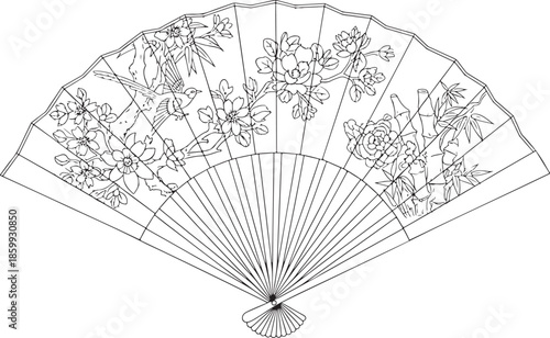 An elegant open hand fan with floral designs a detailed line art illustration