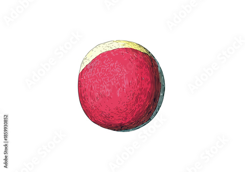 Esfera texturizada roja y amarilla aislada sobre fondo blanco, recurso gráfico de objeto 3D.