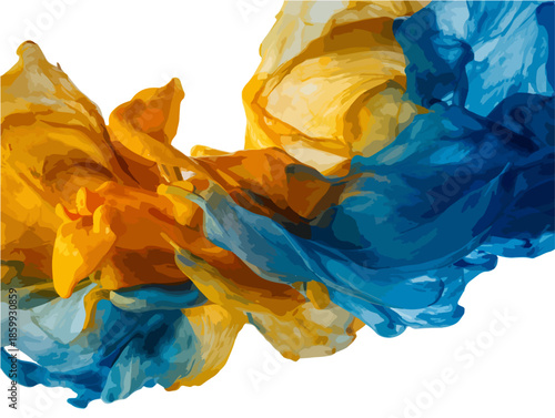 Ondas de tela ligera y fluida en tonos vibrantes de amarillo dorado y azul profundo sobre fondo blanco.