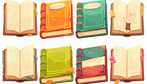 Colección de ocho libros antiguos y modernos con tapas de colores vibrantes sobre fondo transparente.