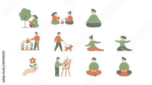Collection of people engaged in various relaxing and healthy activities.