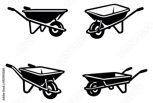 Graphic wheelbarrow icon set featuring various perspectives for gardening and construction