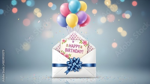 Festive open white envelope containing a happy birthday card is lifted by colorful helium balloons against a bokeh background