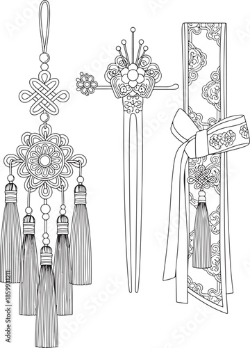 Intricate korean traditional hair ornaments featuring tassels and floral designs in black and white