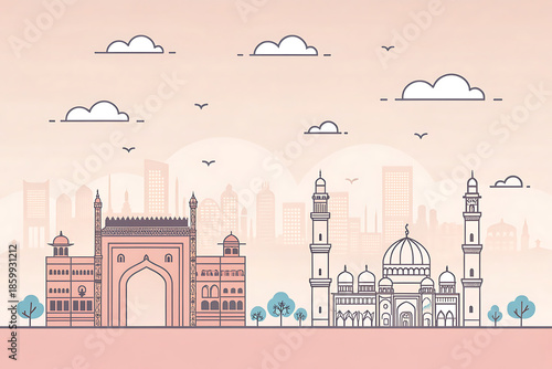 Hyderabad skyline pastel minimal shapes, soft gradient sky