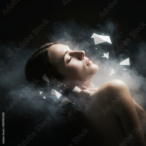 Surreal composition featuring blurred colors, smoky textures, and fragmented geometric forms. Represents the fluid nature of the sleeping mind, vibrant, infinite, pattern