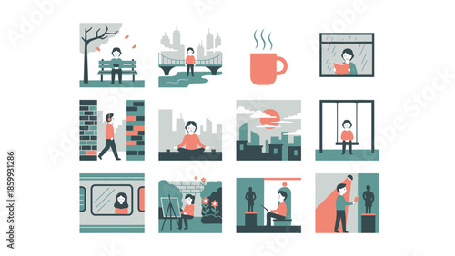 Collection of people in various everyday situations and emotions.