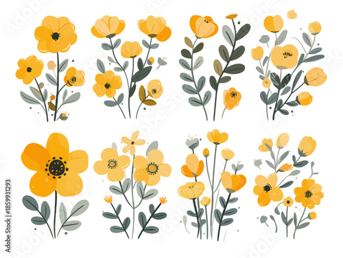 Conjunto de ilustraciones botánicas de flores amarillas y hojas verdes en estilo acuarela con fondo transparente.