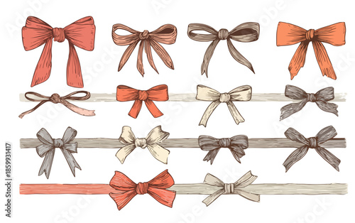 Conjunto de ilustraciones dibujadas a mano de lazos y cintas decorativas para regalos, bodas o celebraciones.