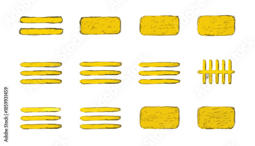 Conjunto de iconos de menú de hamburguesa dibujados a mano en amarillo con fondo transparente para diseño web.