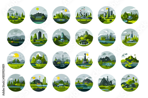 Conjunto de iconos circulares minimalistas de paisajes urbanos y naturales con fondo transparente.