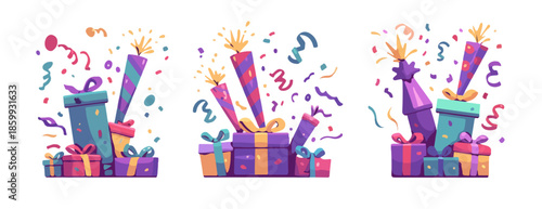 Colección de tres ilustraciones de piñatas explosivas, regalos y confeti vibrante sobre fondo transparente.