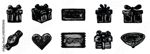 Colección de iconos monocromáticos dibujados a mano de regalos, corazón, diamante y cupón sobre fondo transparente.