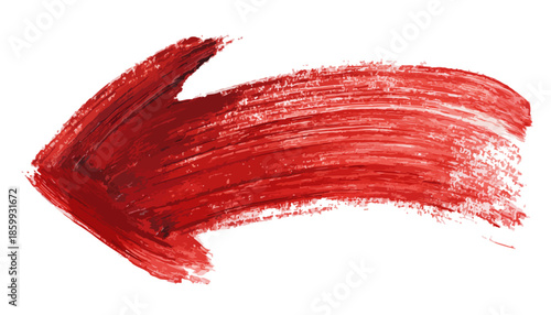 Pincelada roja vibrante con textura de acuarela, flecha direccional apuntando a la izquierda sobre fondo blanco.