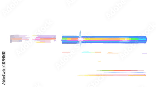 Efecto de destello de lente horizontal azul y multicolor sobre fondo blanco, recurso gráfico transparente.